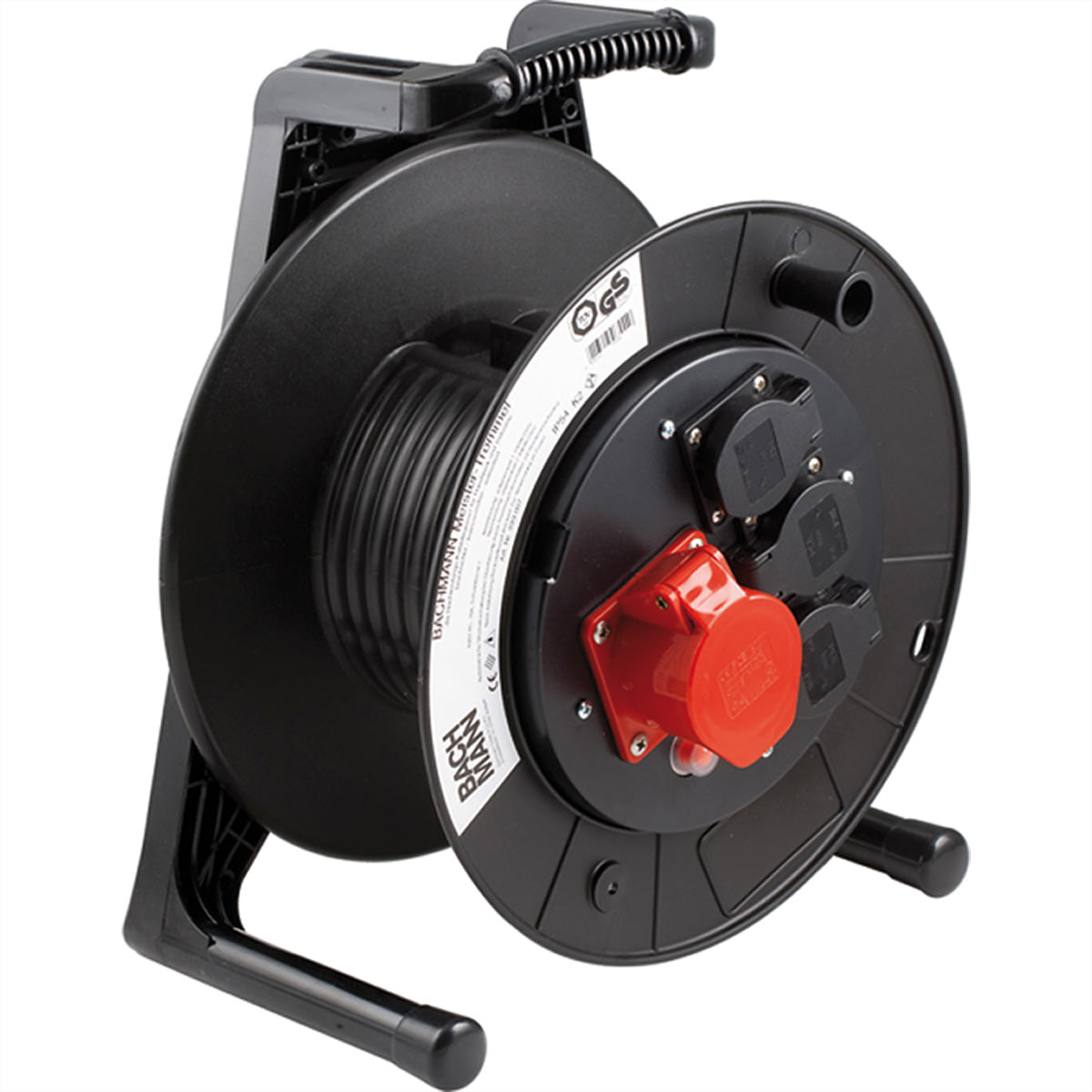 Bachmann Kabelrolle, 3×T13 + 1×CEE 16‑5, IP54, ohne Kabel, Thermosicherung, Trommel mit Standfuss – schwarz