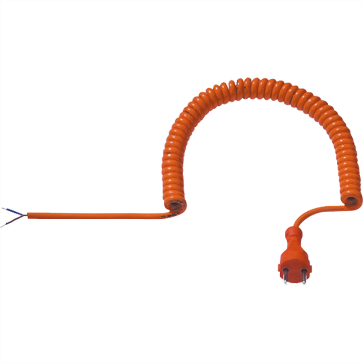 Bachmann Spiralkabel Stromkabel – CEE 7/17 Konturenstecker – offen, 5 m, 250 V/16 A, 2×1 mm², PUR-Mantel, Orange