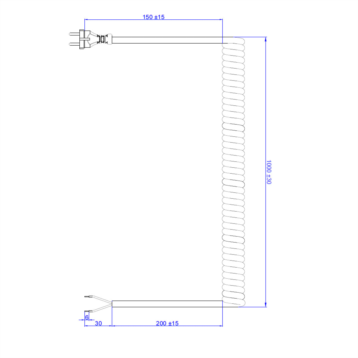 Bachmann Spiralkabel Stromkabel – CEE 7/17 Konturenstecker – offen, 5 m, 250 V/16 A, 2×1 mm², PUR-Mantel, Orange