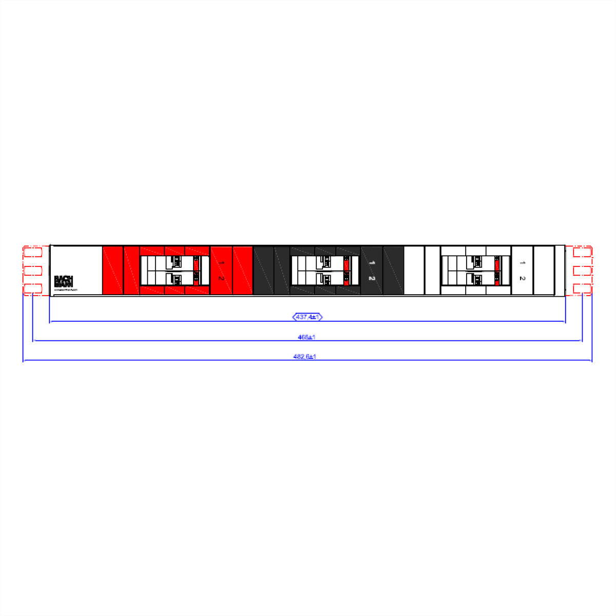 Bachmann 19" 1HE FuseBox – Rack-PDU Basic, 3-phasig, 2× CEE 16 A + 6× C16A, Eingang IEC 60309 32 A rot