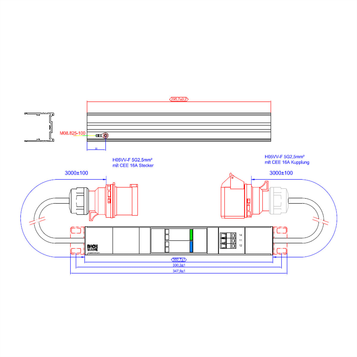 Bachmann ALU Rack-PDU 1U, 3-phasig 16 A 400 V, 2×CEE 16A, 2×1,0 m H05VV-F 5G2,5 mm² – grau