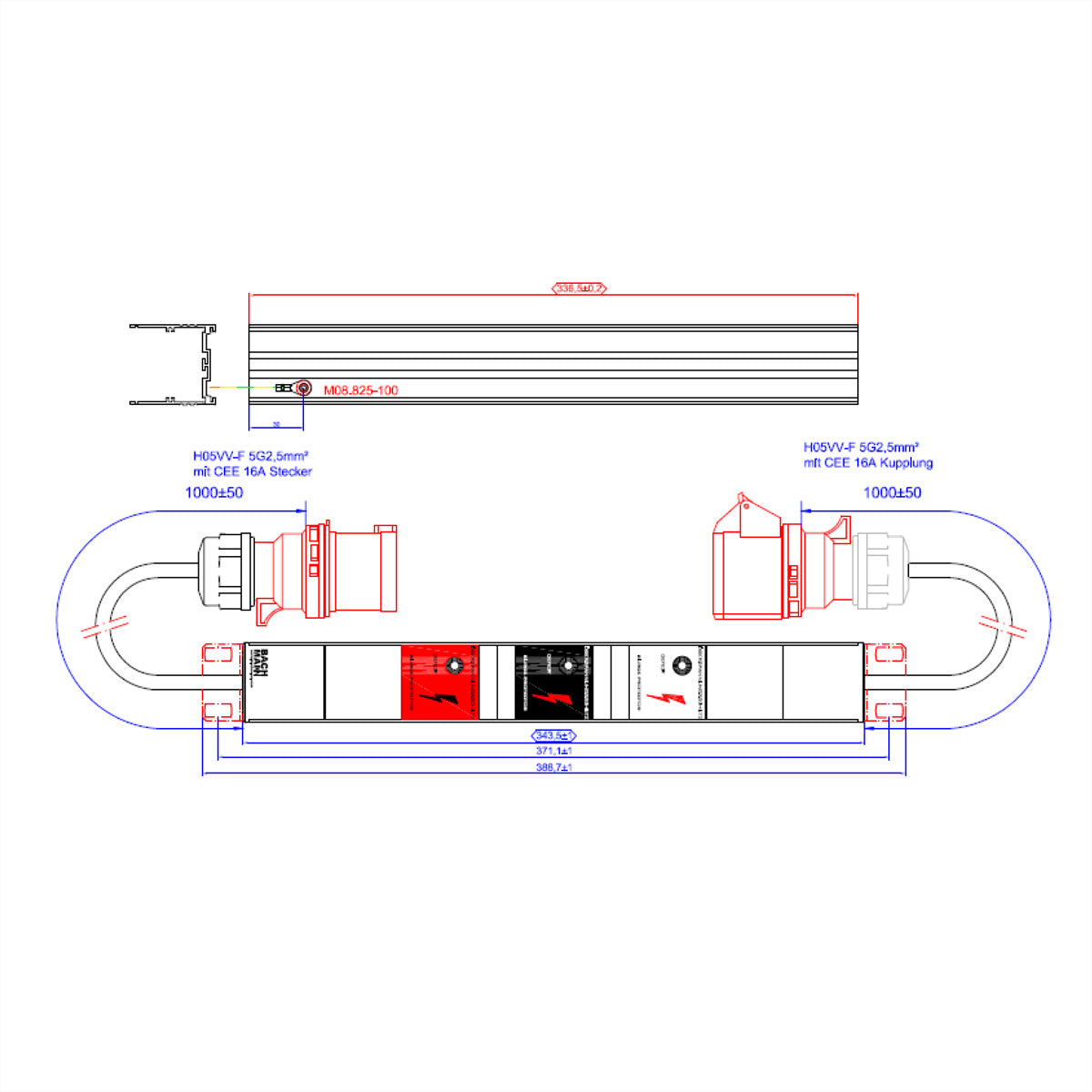 Bachmann IT PDU Basic Inline SPD – 3-ph, 3×CEE 16 A, CEE 16 A Eingang, 1,0 m Kabel, Haltewinkel