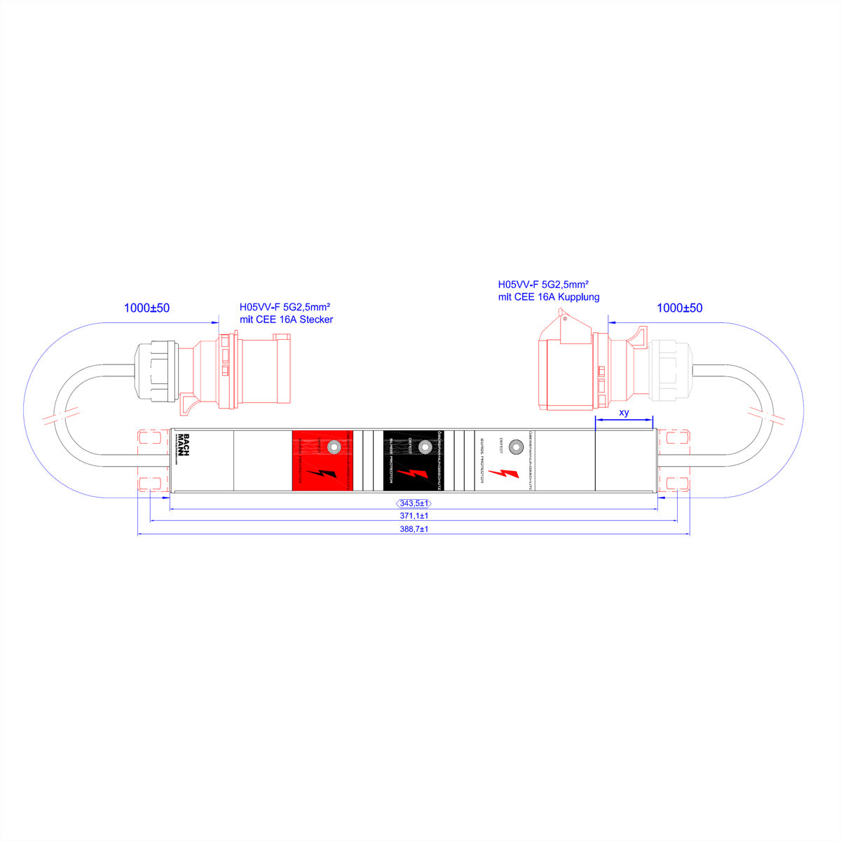 Bachmann Steckdosenleiste – 1×CEE 16 A Ein, 1×CEE 16 A Aus, 1 m Kabel, Typ-3 Überspannungsschutz