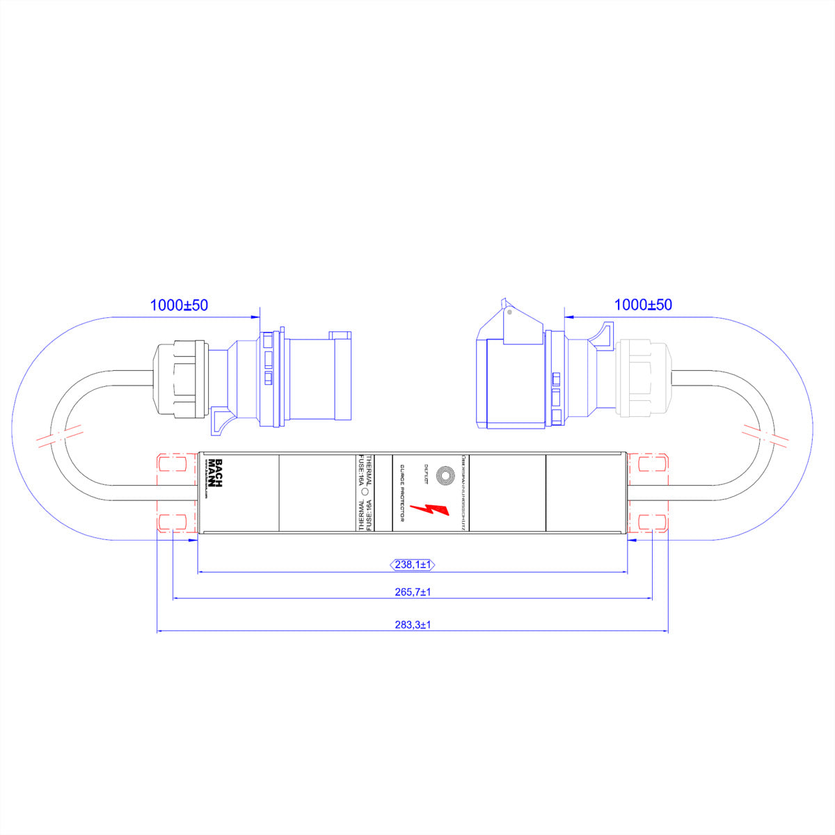 Bachmann ALU 1HE VM 1xSPD – 19" Steckdosenleiste, 1× CEE 32A, 1 m, Stecker CEE 32A, mit Überspannungsschutz