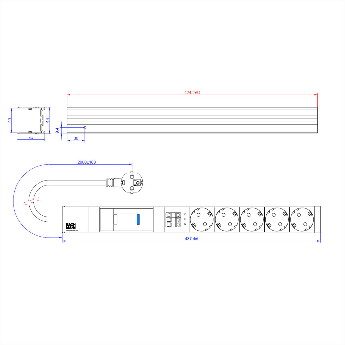 Bachmann 19" Steckdosenleiste, 5× Schuko (Typ F), mit Citel Überspannungsschutz, 2 m, CEE 7/7 Stecker abgewi