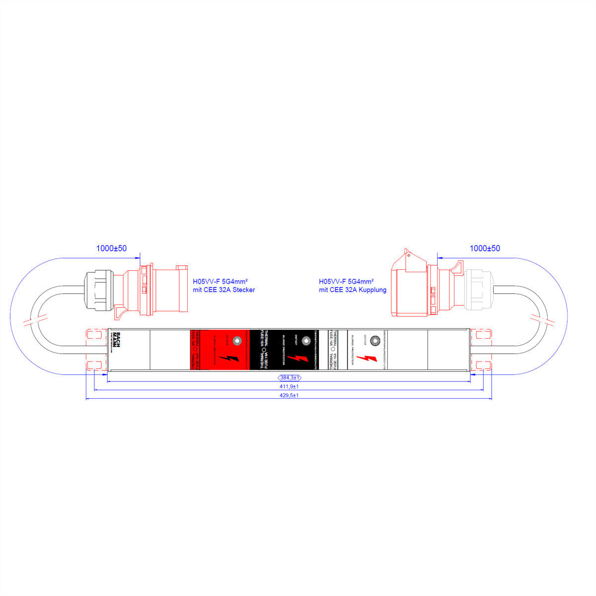 Bachmann ALU 1HE VM Steckdosenleiste – 3× Steckdosen, CEE 32A 400 V, 2×1 m H05VV‑F 5G4,0 mm², Grau