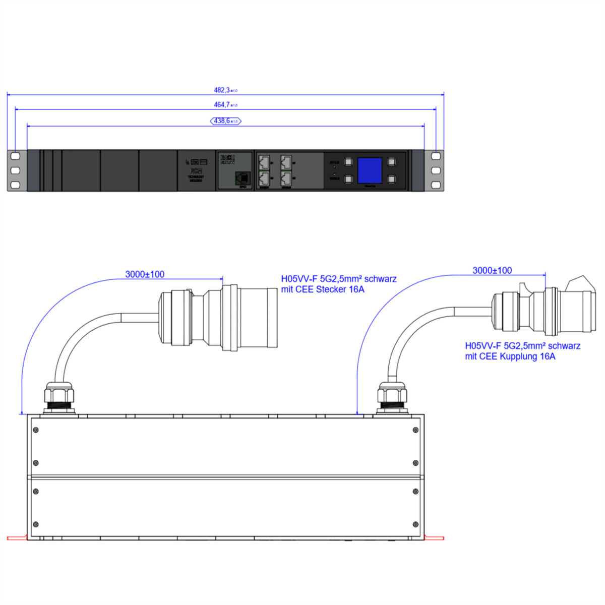 BACHMANN BN3000 RCM XXLPROFIL Steckdosenleiste – Strommessung pro Phase, Differenzstrommessung – CEE 16A×3