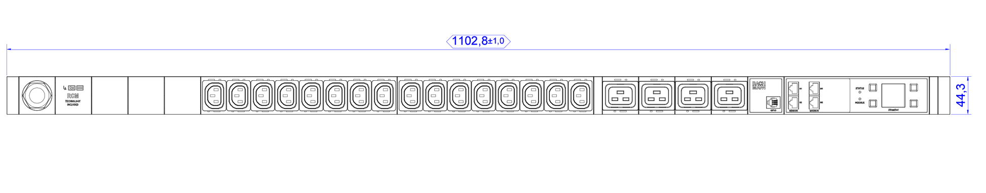 Bachmann BN3000 Slave RCM – IT-Steckdosenleiste, 16× IEC C13 + 4× IEC C19, 3,0 m, Stecker CEE 16A, Messung