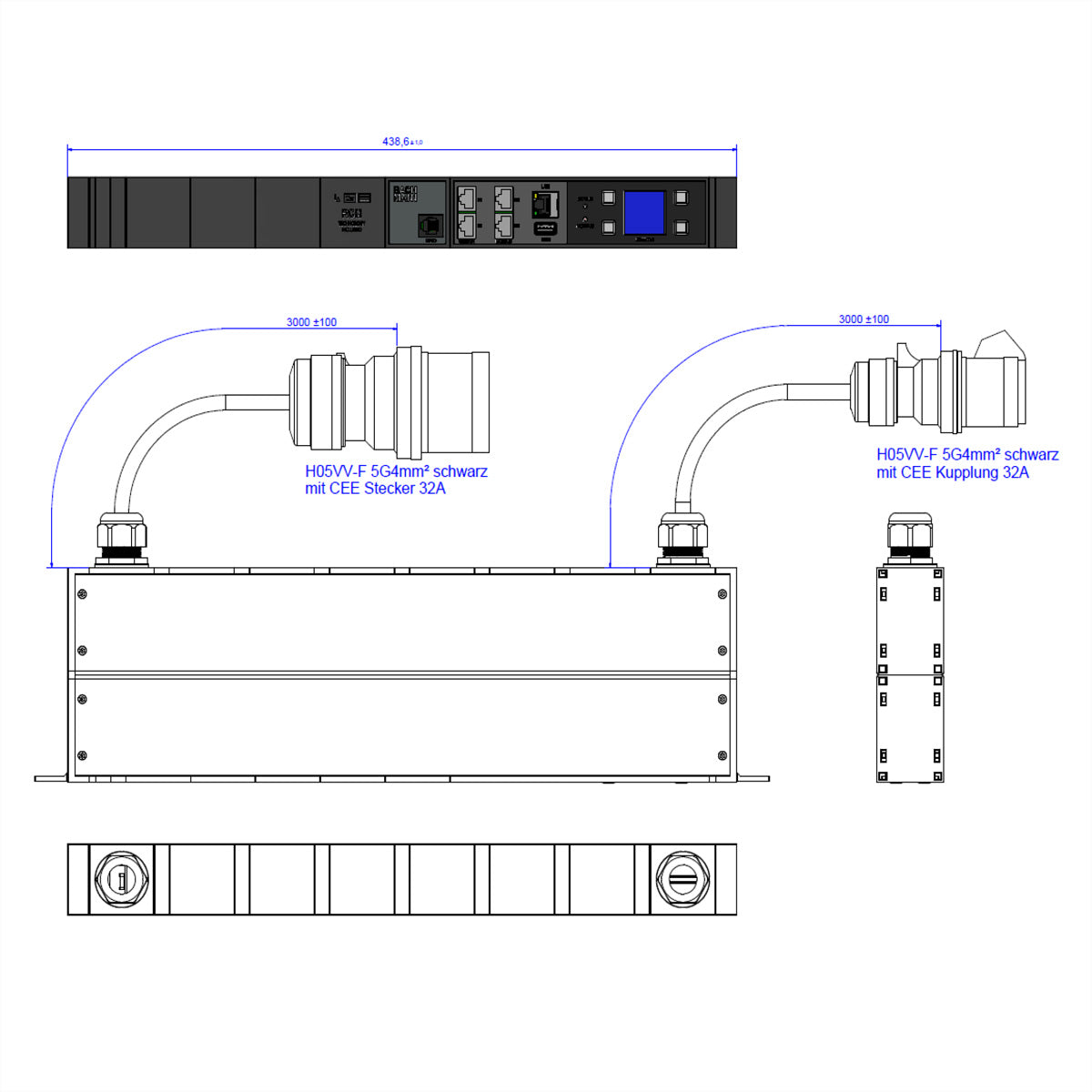 Bachmann BN3000 RCM XXL IT-Steckdosenleiste – CEE 3×32A, 3 m – Messung pro Phase, Display, Webserver