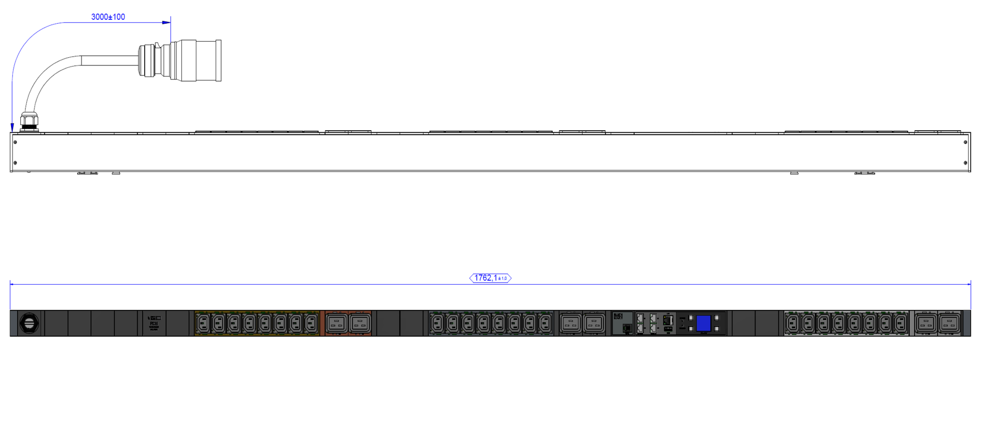 Bachmann Rack-PDU Metered-by-Outlet, 3-phasig 11 kW, (24×C13 + 6×C19), CEE 16-3, 3 m