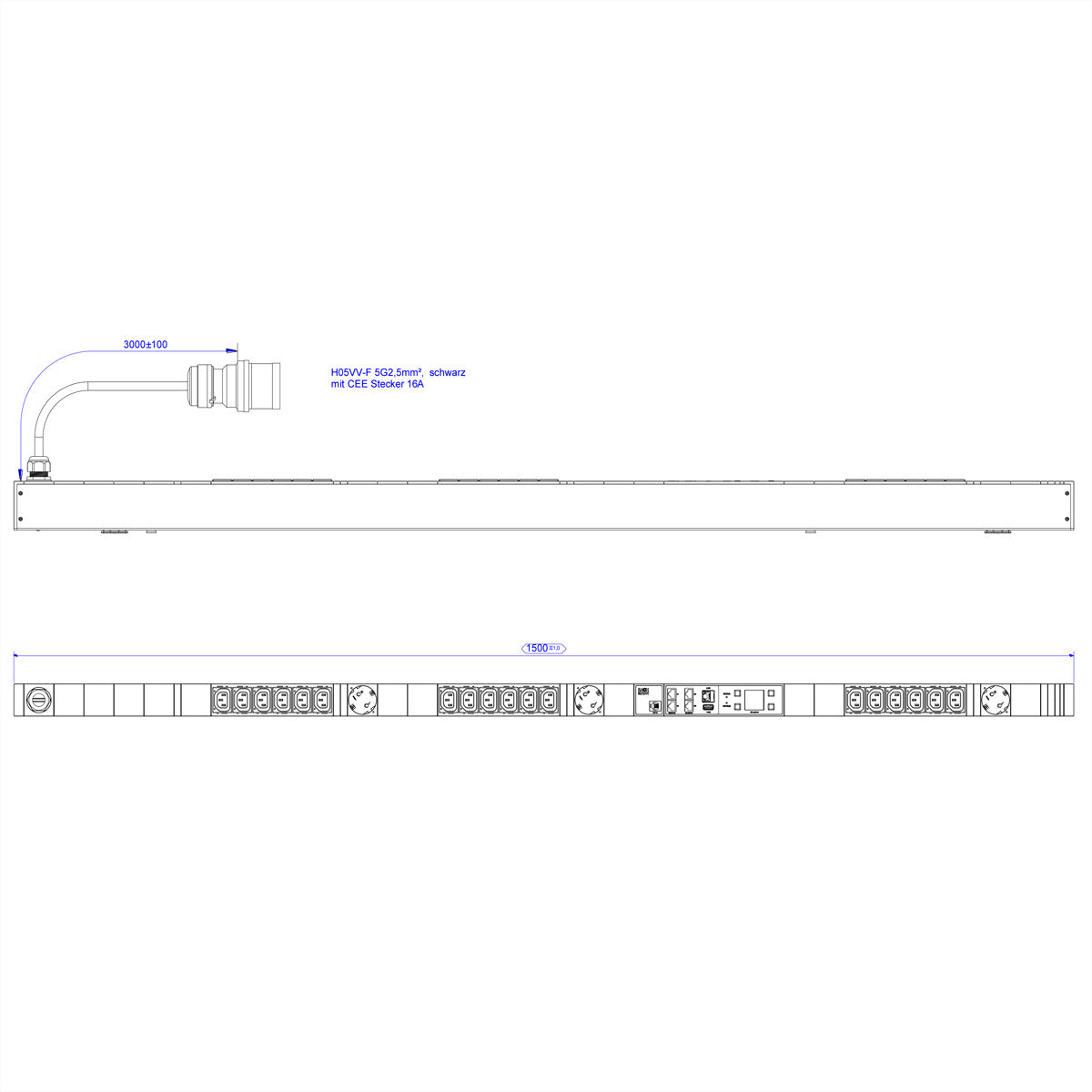 Bachmann Rack-PDU – Ausgangsmessung, Geschaltet, 3-phasig, Rack 0U, 16 A 400 V, 18×C13 + 3×Schuko (Typ E/F), 3 m