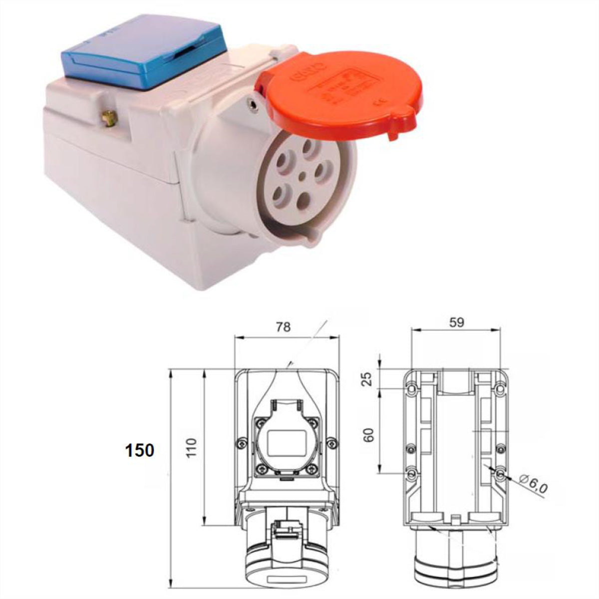 Bachmann Steckdosenleiste (1×IEC309 5P 400 V + 1×T13 230 V 16 A), IP44, 125×175×80 mm – grau
