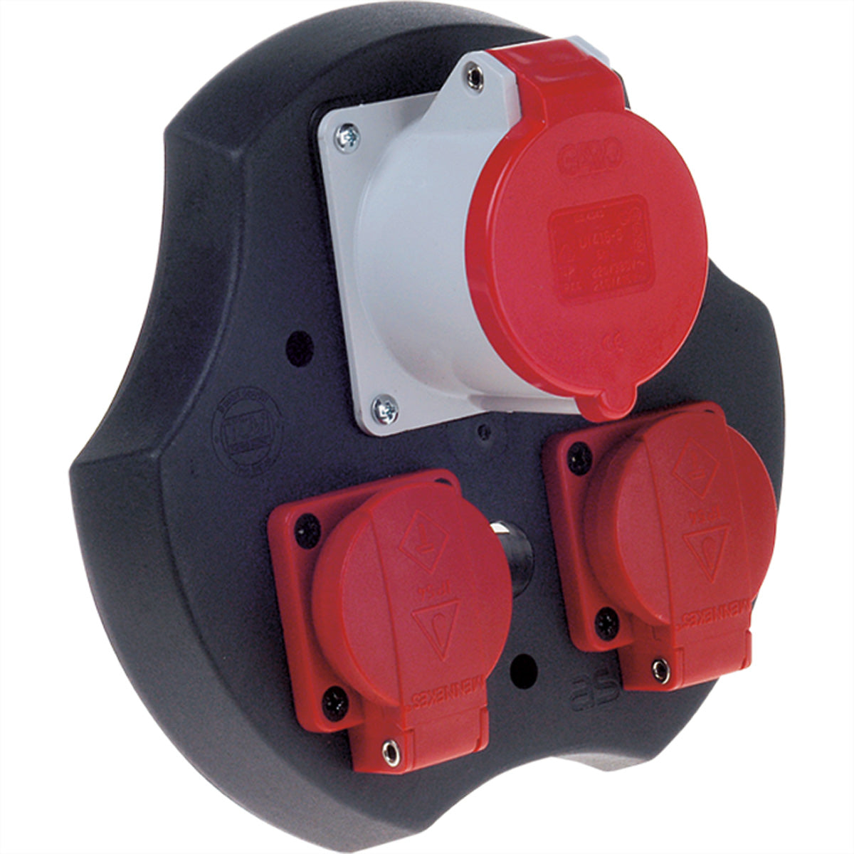 Bachmann Steckdosen-Einsatz – 2×Schuko + 1×CEE 16 A (rot) 3P+N+PE 400 V, schwarz, für Kabeltrommel 399.180