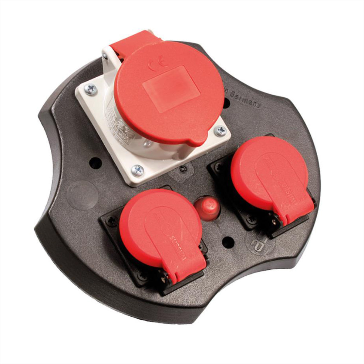 Bachmann Steckdosen-Einsatz – 2×Schuko + 1×CEE 16 A (rot) 3P+N+PE 400 V, schwarz, für Kabeltrommel 399.180