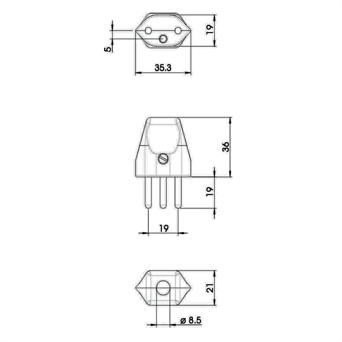 Bachmann Schutzkontaktstecker, Stecker T12, 10 A 250 V, Thermoplast, 55×36×22 mm – weiss
