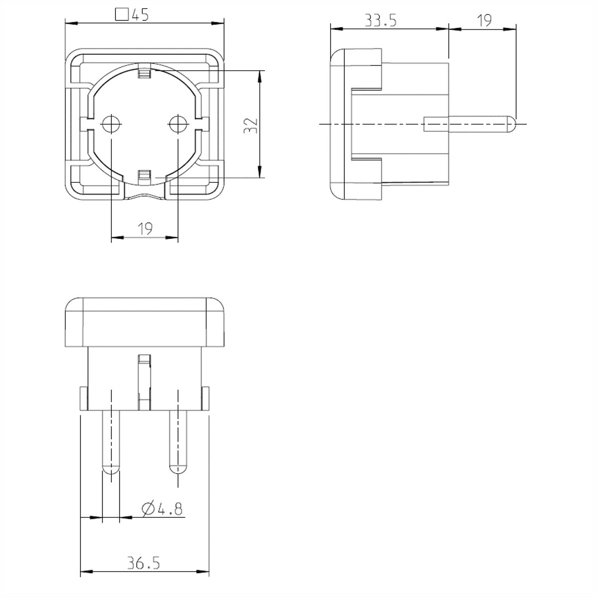 Bachmann Montagestecker, 2P+E, montierbar, 52×44×44 mm – schwarz