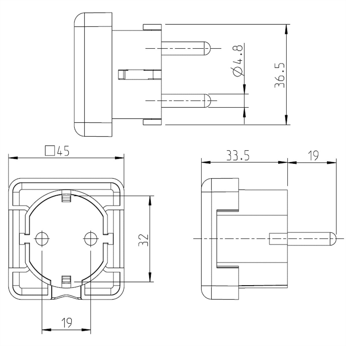 Bachmann Montagestecker Typ F, Anschluss H05VV-F 3G, montierbar, 44×44×52 mm – weiss