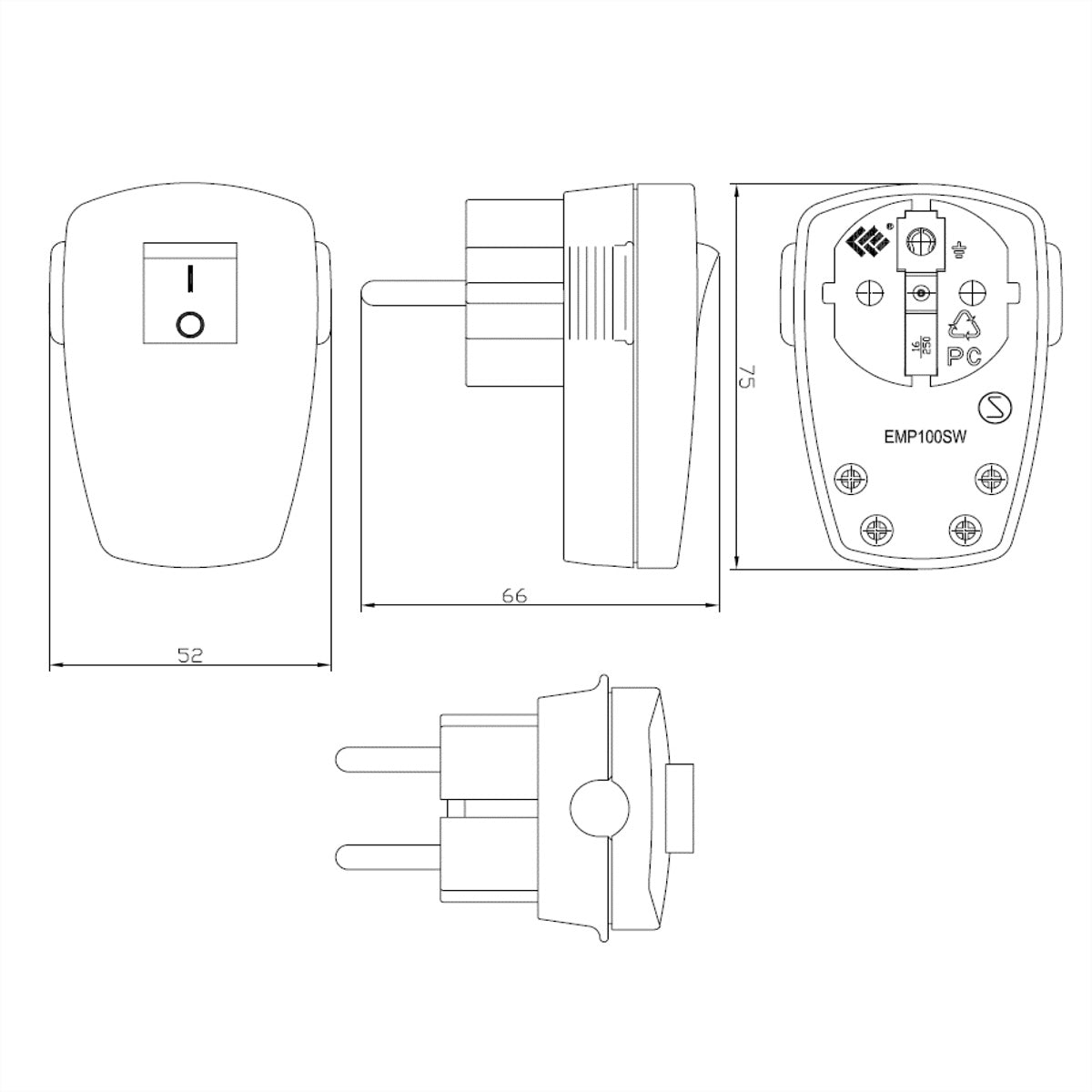 Bachmann Steckdosenleiste mit 2-poligem Wippschalter, Schuko (Typ F) 250 V 16 A, 75×62×45 mm – weiss