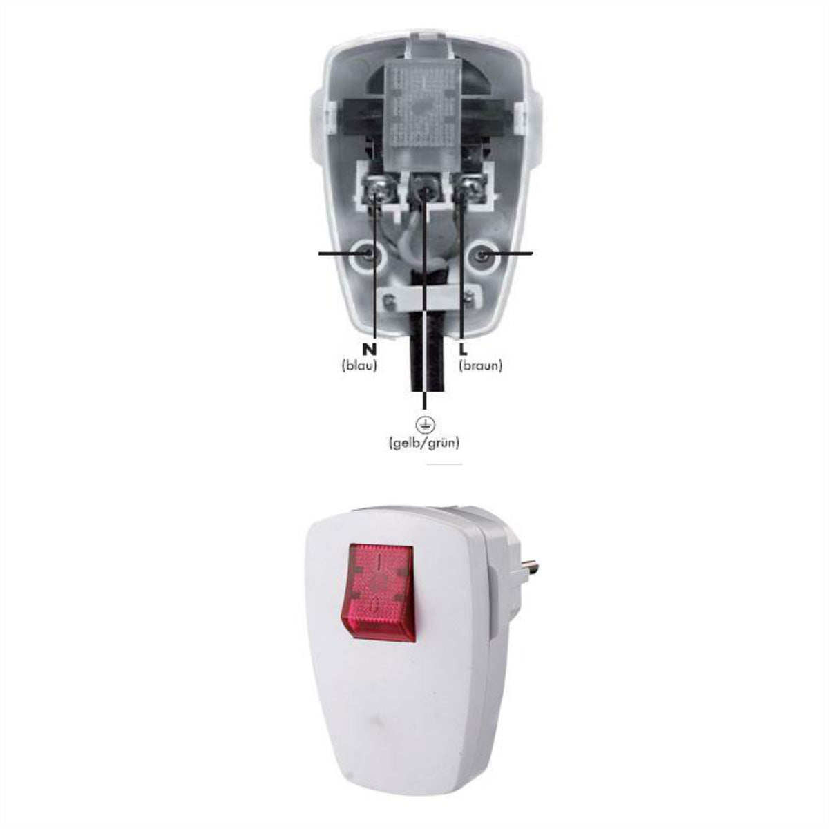 Bachmann Schutzkontaktstecker mit beleuchtetem Wippschalter, 250 V 16 A, 75×65×50 mm – weiss
