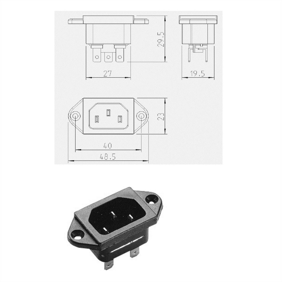 Bachmann Kaltgerätestecker IEC320 C14, 10 A 250 V, Schraubanschluss, 25×30×50 mm – Schwarz