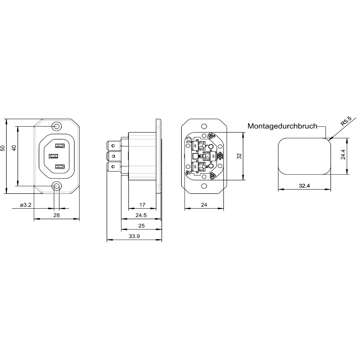 Bachmann Kaltgerätedose, 1×C13, 19 A 250 V, 50×28×34 mm – schwarz