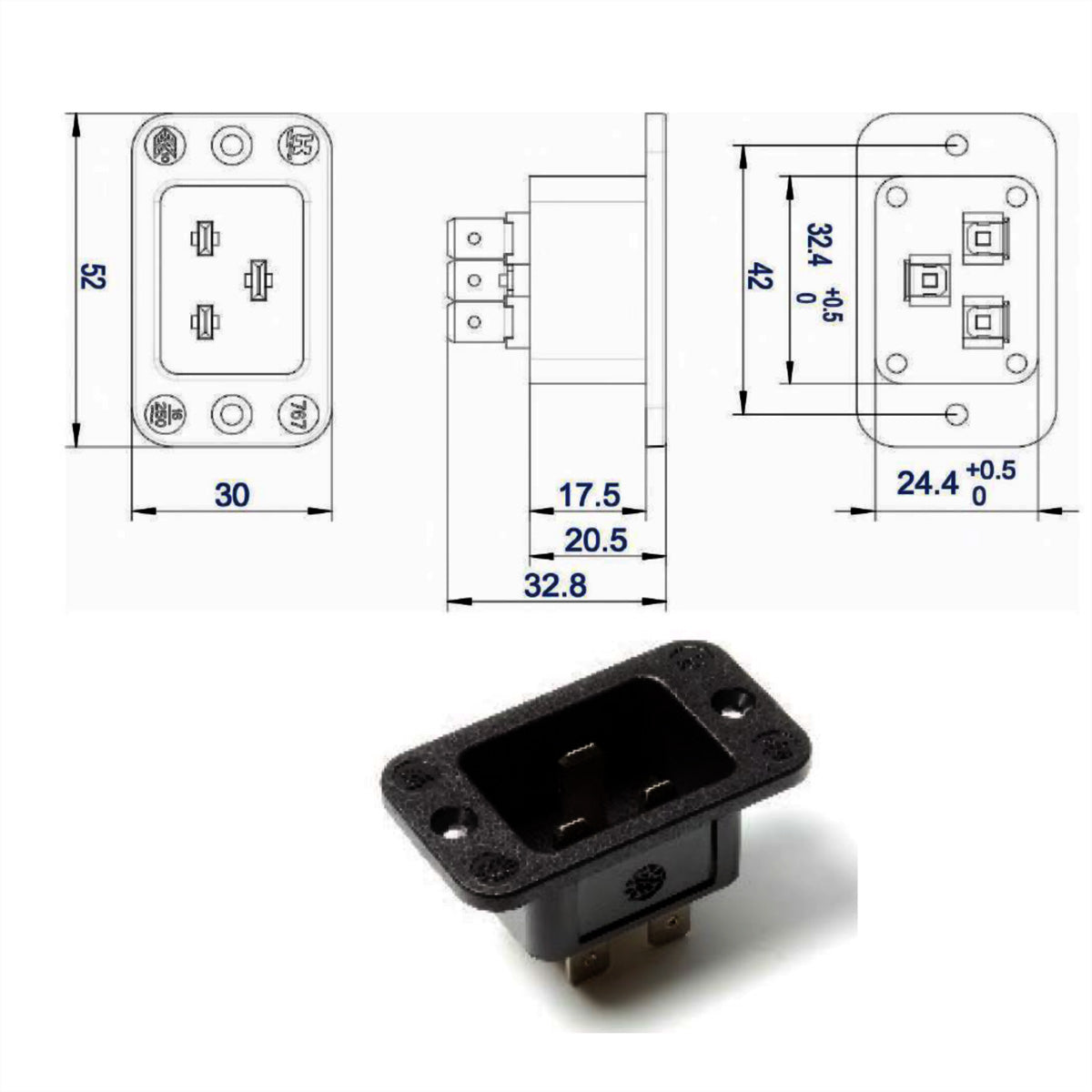 Bachmann Kaltgeräteeinbaustecker IEC320 C20 – 16 A, 250 V, Thermoplast, Schraubanschluss, Schwarz