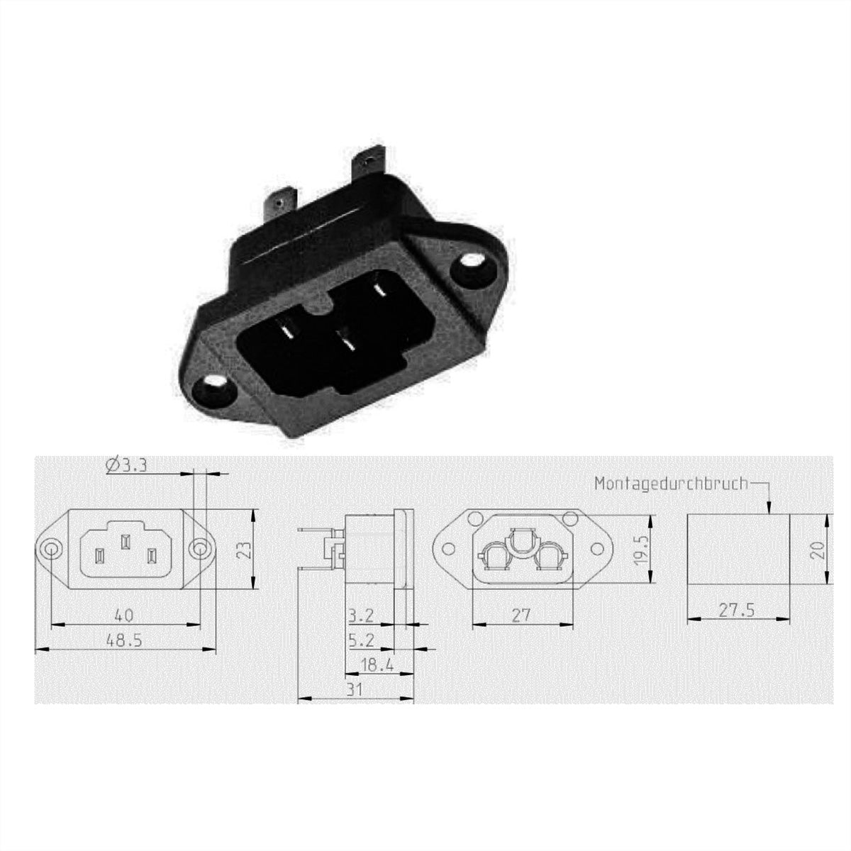 Bachmann Montagestecker, IEC320 C15A/C16A, 155°C, Schraubanschlüsse, 35×22×48 mm – Schwarz
