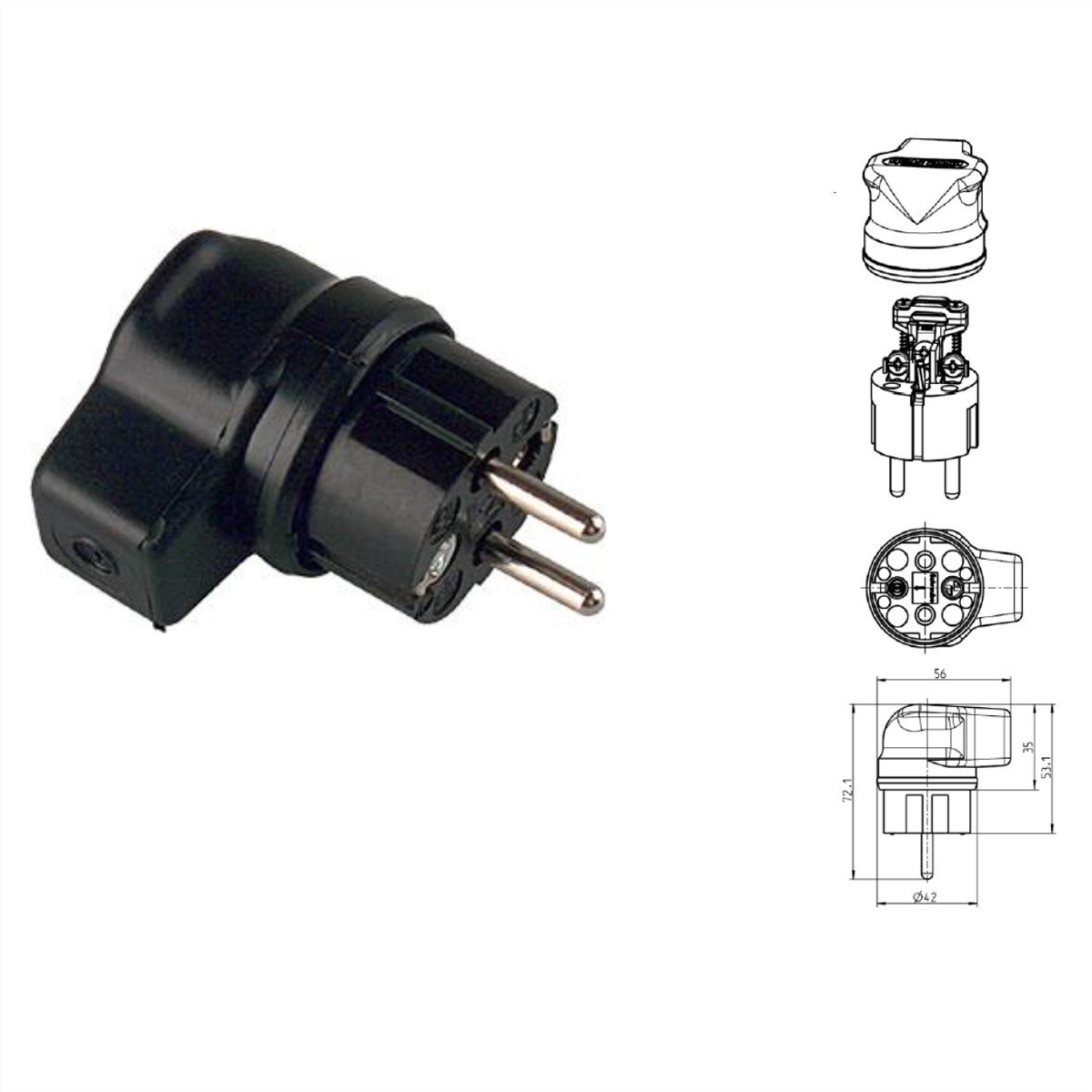 Bachmann Montagestecker, IP44, Vollgummi-Winkelstecker – für belgische/französische Steckdosen (B/F) – Schwarz