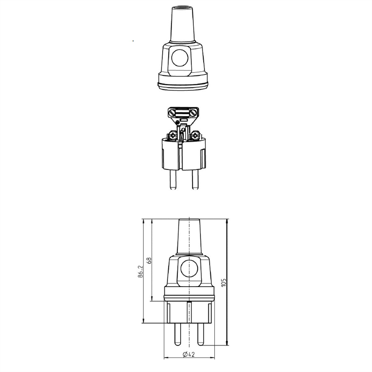 Bachmann Montagestecker, Vollgummi, 2P, 16 A, 250 V, ohne Schutzkontakt, 100×100×40 mm – schwarz