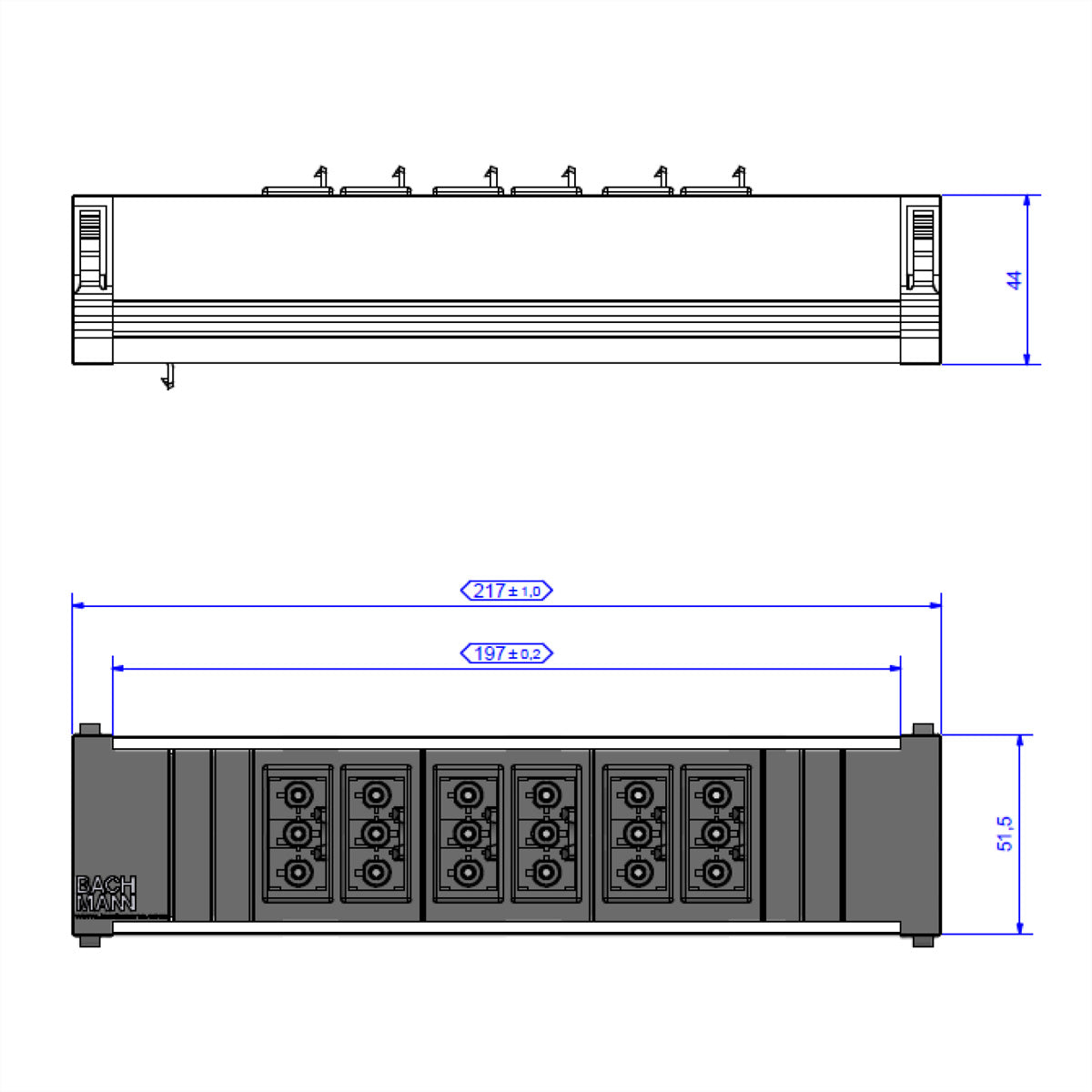 Bachmann Consolidation Point Einbausteckdosenleiste, 6×GST18, Einbau (Profilrückseite) – Schwarz