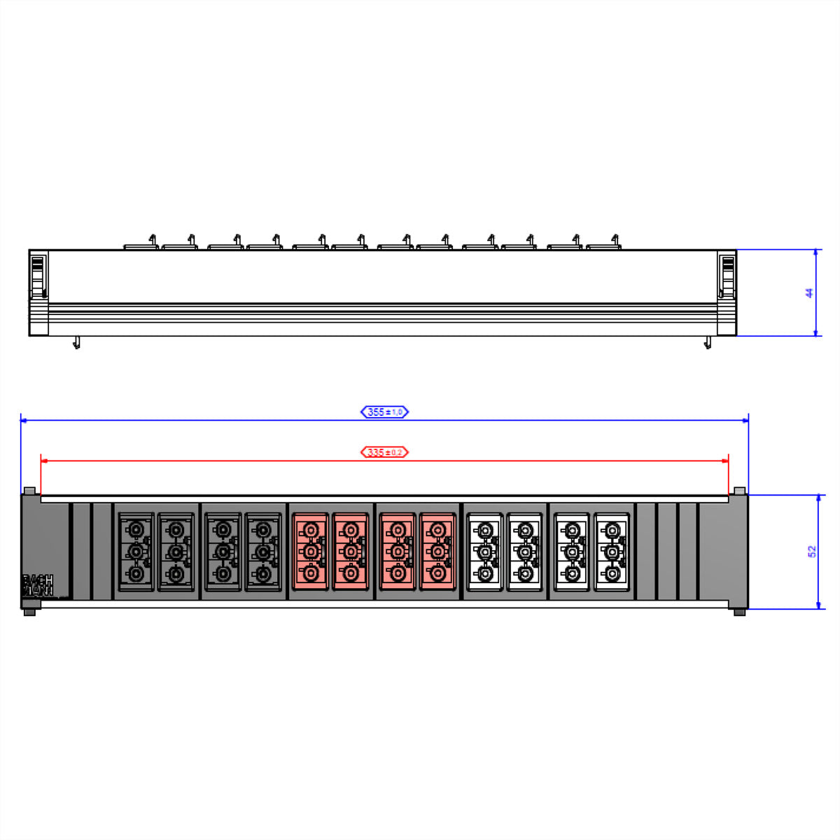 Bachmann Steckdosenleiste (4×GST18 schwarz + 4×GST18 rot + 4×GST18 grau), Eingang 3×GST18, 356×75×75 mm