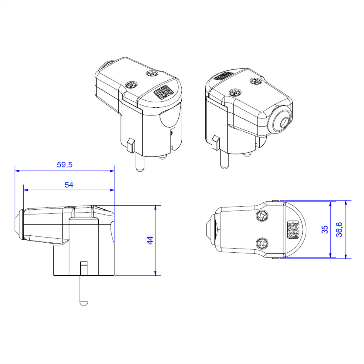 Bachmann Montage-Winkelstecker – Schuko (Typ E/F), 16 A/250 V, 2-polig, schwarz