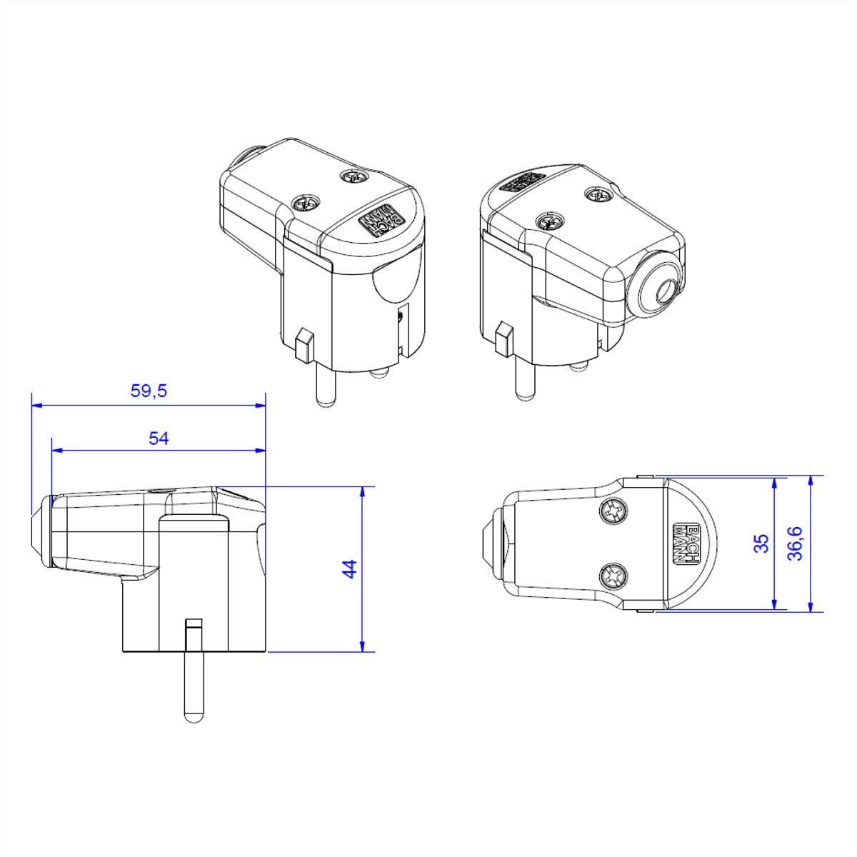 Bachmann Montage-Winkelstecker, 16 A 250 V, Stecker CEE 7/7 (Typ F), 59,5×36,6×44 mm – grau