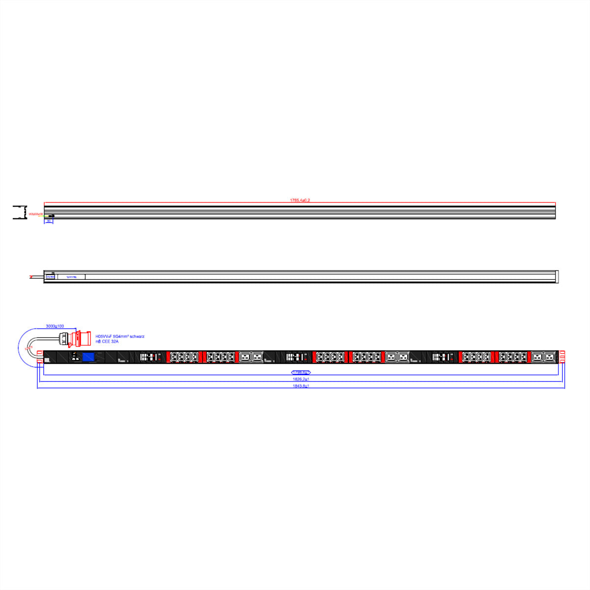 Bachmann Steckdosenleiste – 24× IEC C13, 6× IEC C19, 3 m, 6× Leitungsschutzschalter C16A, CEE 32A 400 V