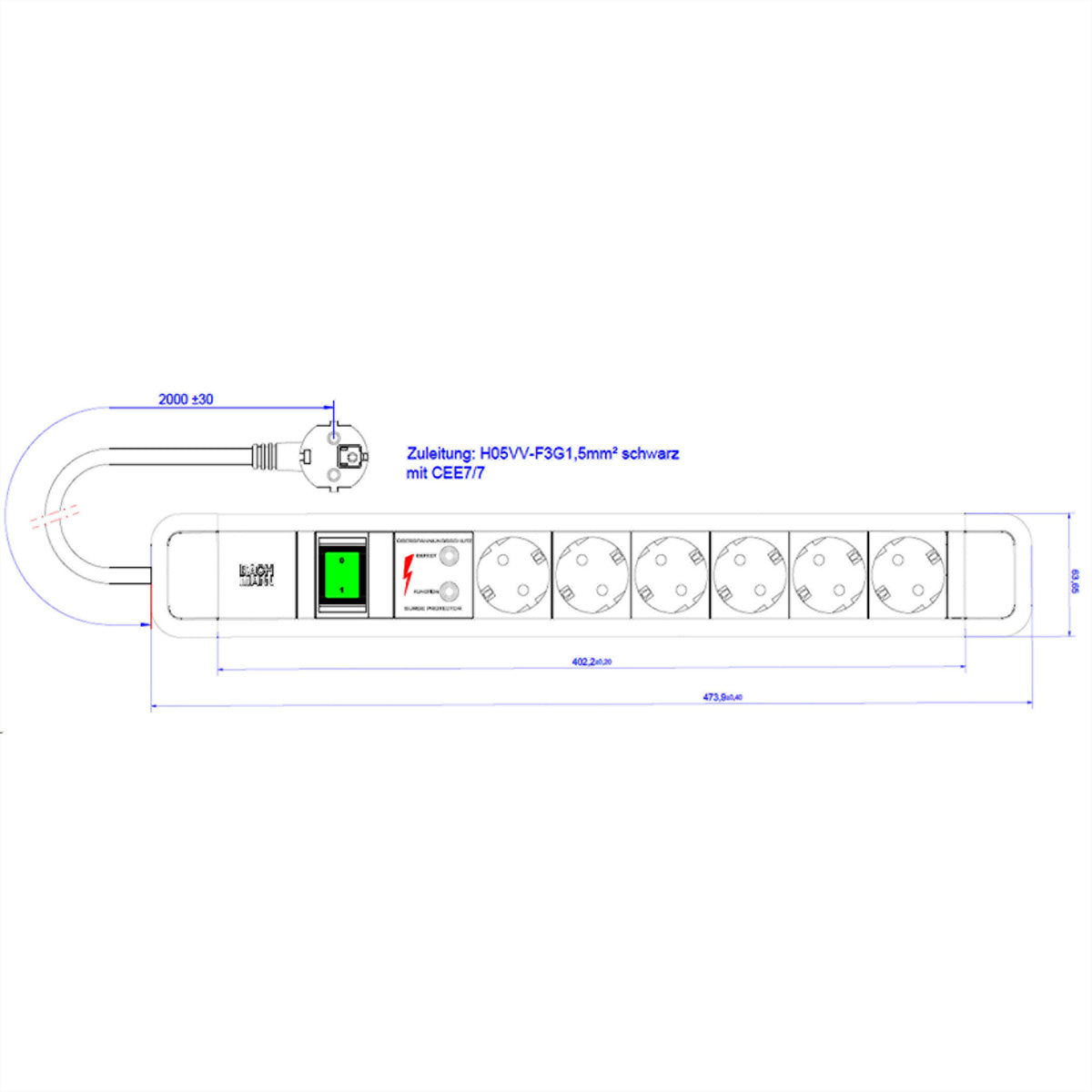 Bachmann Steckdosenleiste – 6×Schuko (Typ E/F), 2,0 m, Schalter, Überspannungsschutz