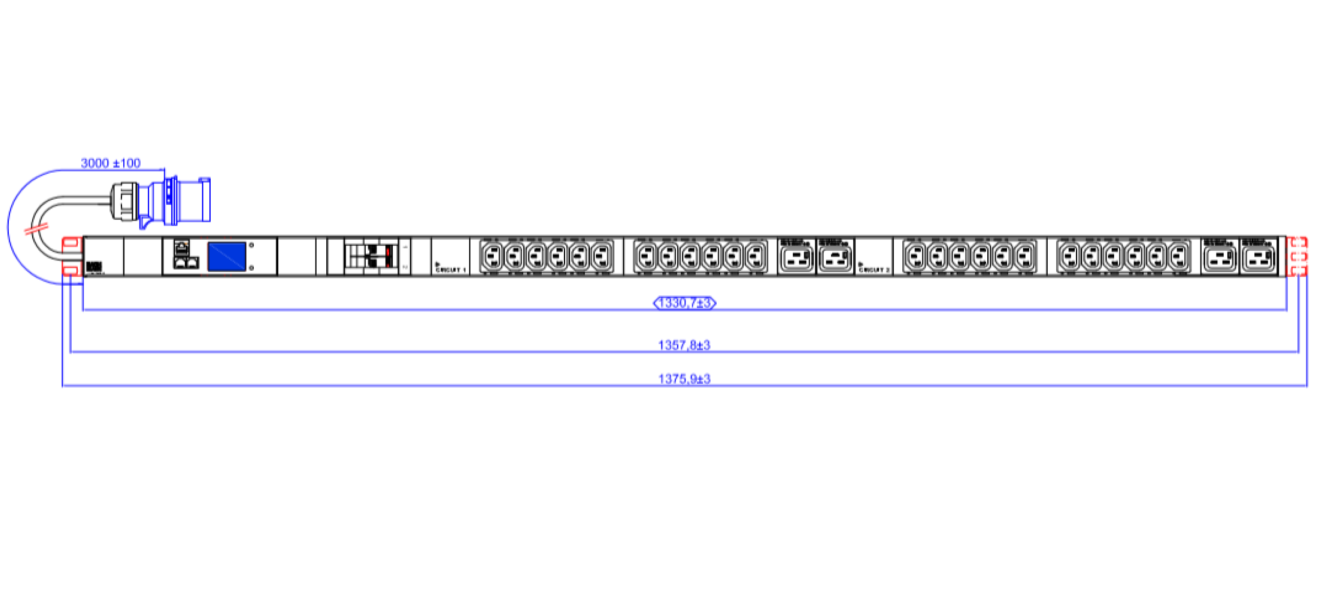 Bachmann Rack-PDU BN2000 ALU – 1U, 24× IEC C13, 4× IEC C19, CEE 32A (3P+N+PE), 400 V/32 A, 3 m, schwarz