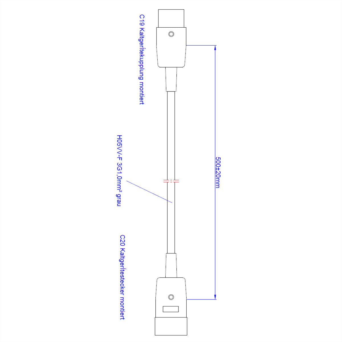 Bachmann Netzkabel – IEC C20–IEC C19, 0,5 m, 250 V/16 A, 3×1,5 mm², Grau
