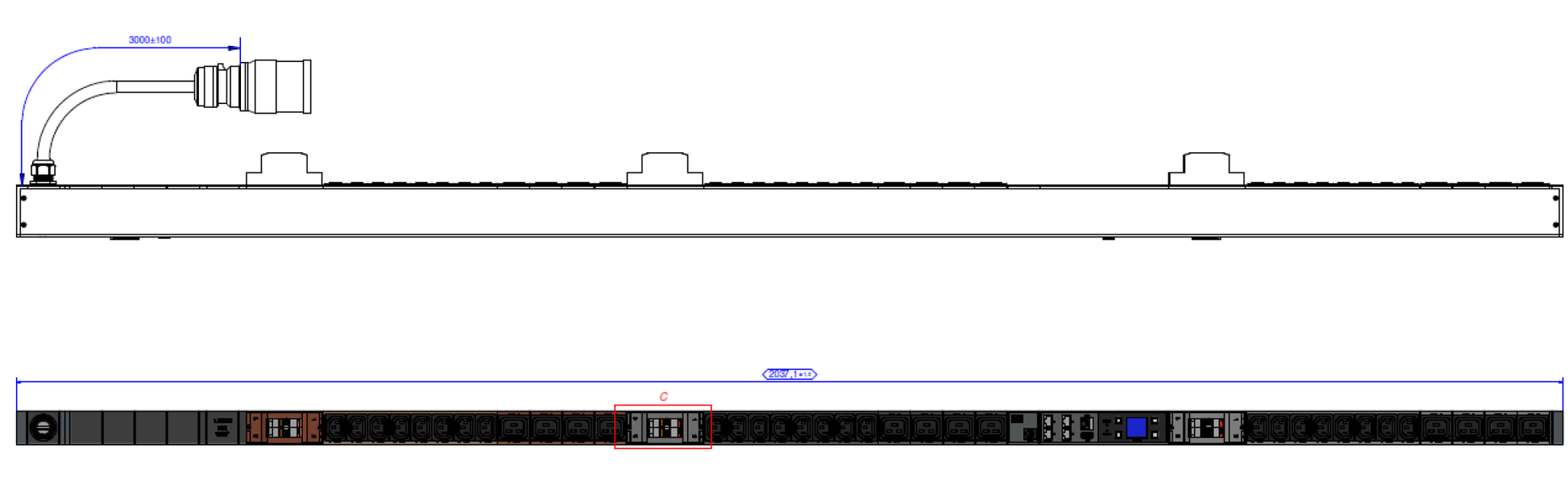 Bachmann Rack-PDU gemessen, 3-phasig 32 A, (24×C13 + 12×C19), Eingang CEE 32-5, 3 m – schwarz