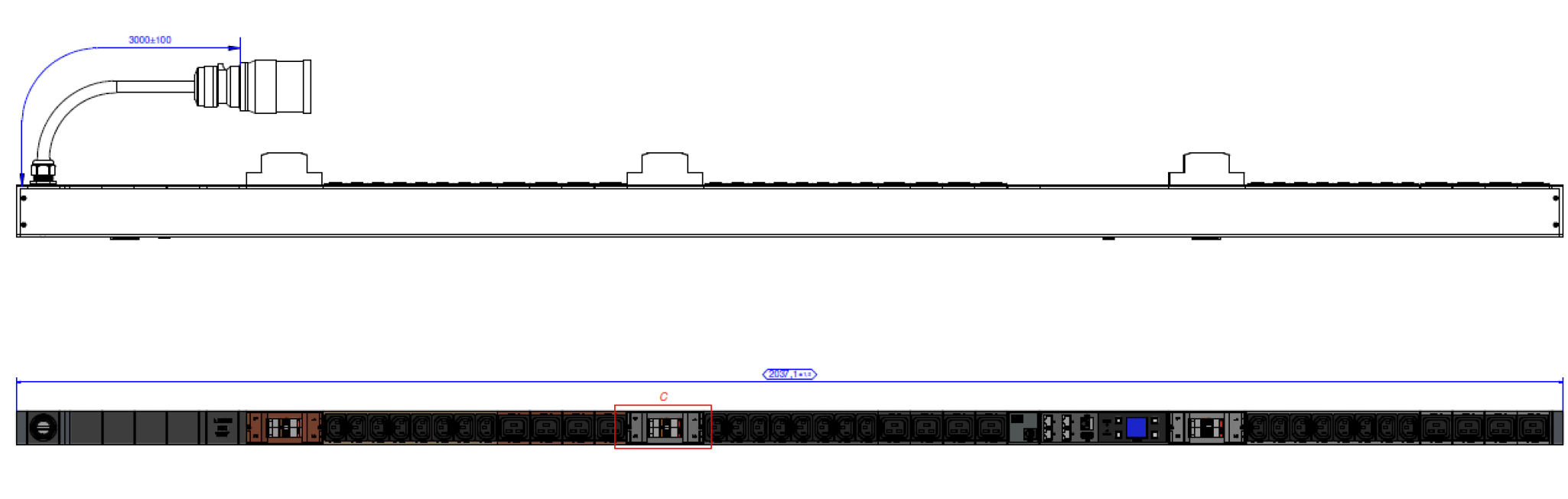 Bachmann Rack-PDU gemessen, 3-phasig 32 A, (24×C13 + 12×C19), Eingang CEE 32-5, 3 m – schwarz