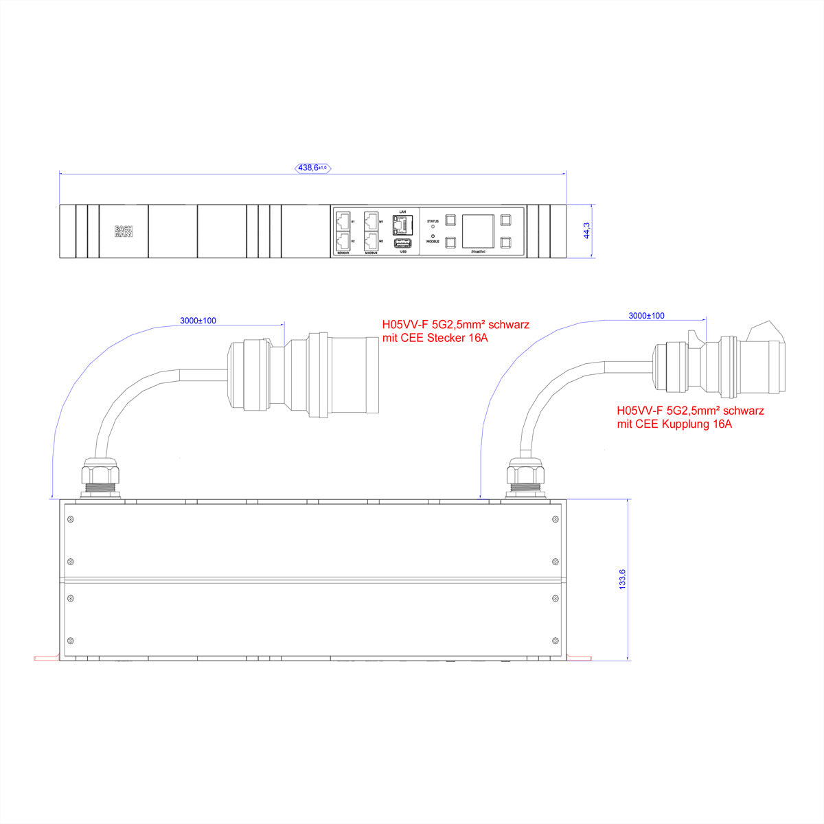 Bachmann Steckdosenleiste 1×CEE 16-5, 3 m, Eingang CEE 16-5, Phasenmessung, Display/Webserver – schwarz