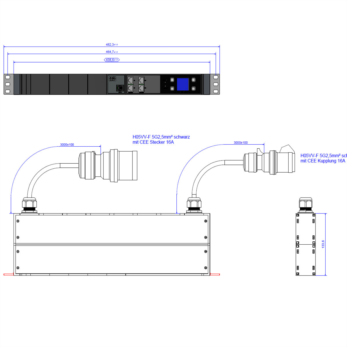 Bachmann BN3000-XXL Slave – Steckdosenleiste, Stecker CEE 16A (rot), 2× 3 m, Messung pro Phase, Differenzmessung