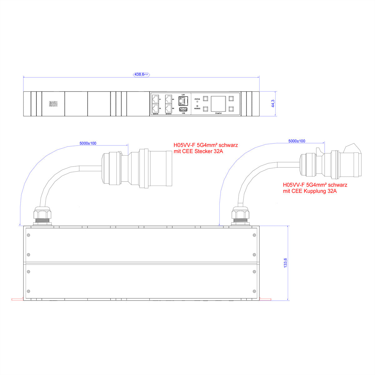 BACHMANN BN3000-XXL Steckdosenleiste – 3‑ph, 32 A 400 V, CEE Ein-/Ausgang, 2×3,0 m, Phasenmessung, Display
