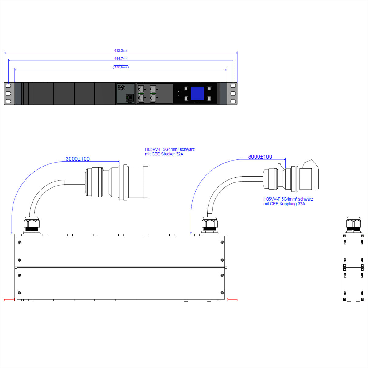 Bachmann BN3000-XXL Slave – IT-Steckdosenleiste, CEE 32A, 2× 3 m, Messung pro Phase, Differenzmessung