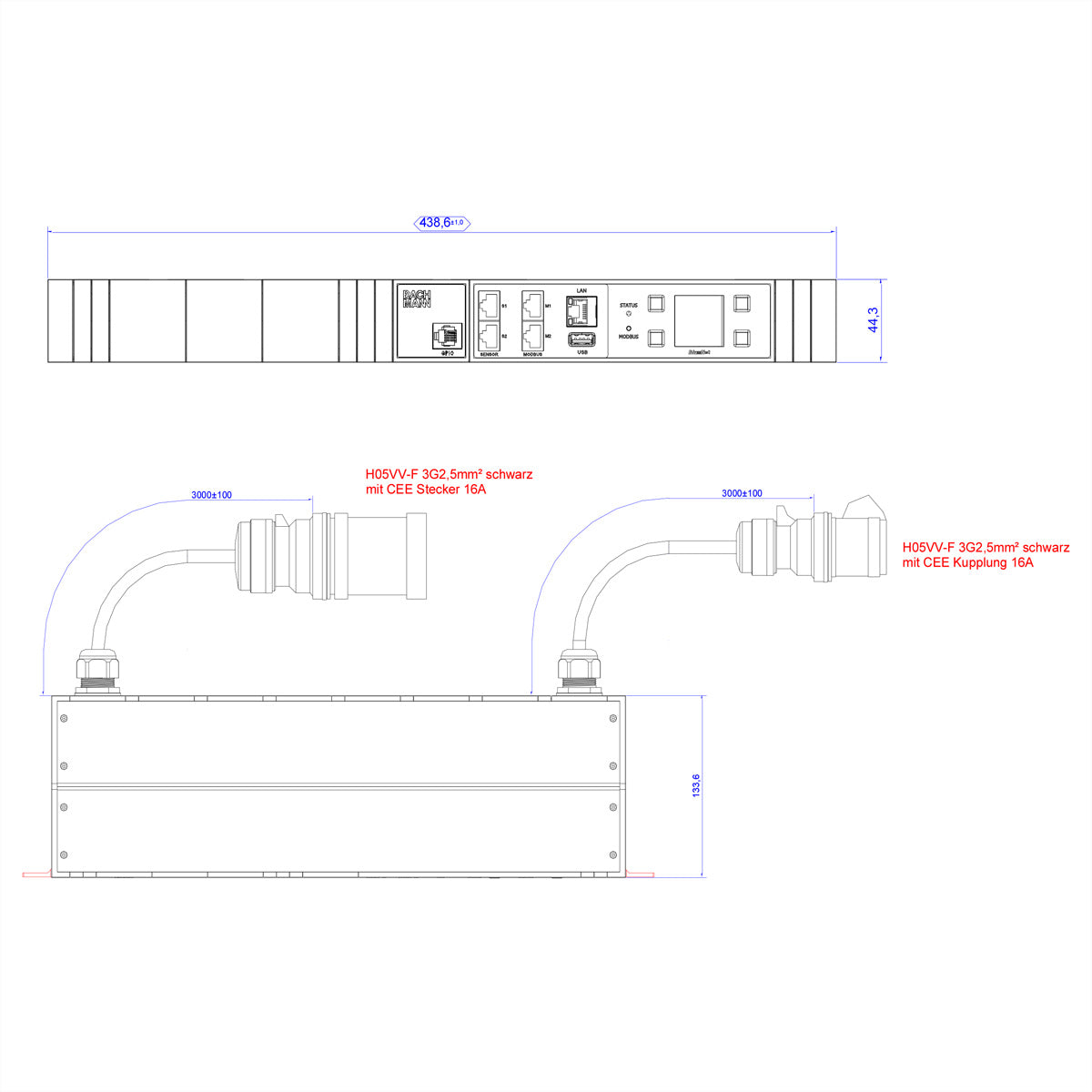 Bachmann BN3000-XXL Steckdosenleiste – CEE 16A–CEE 16A, 2× 3 m, schwarz