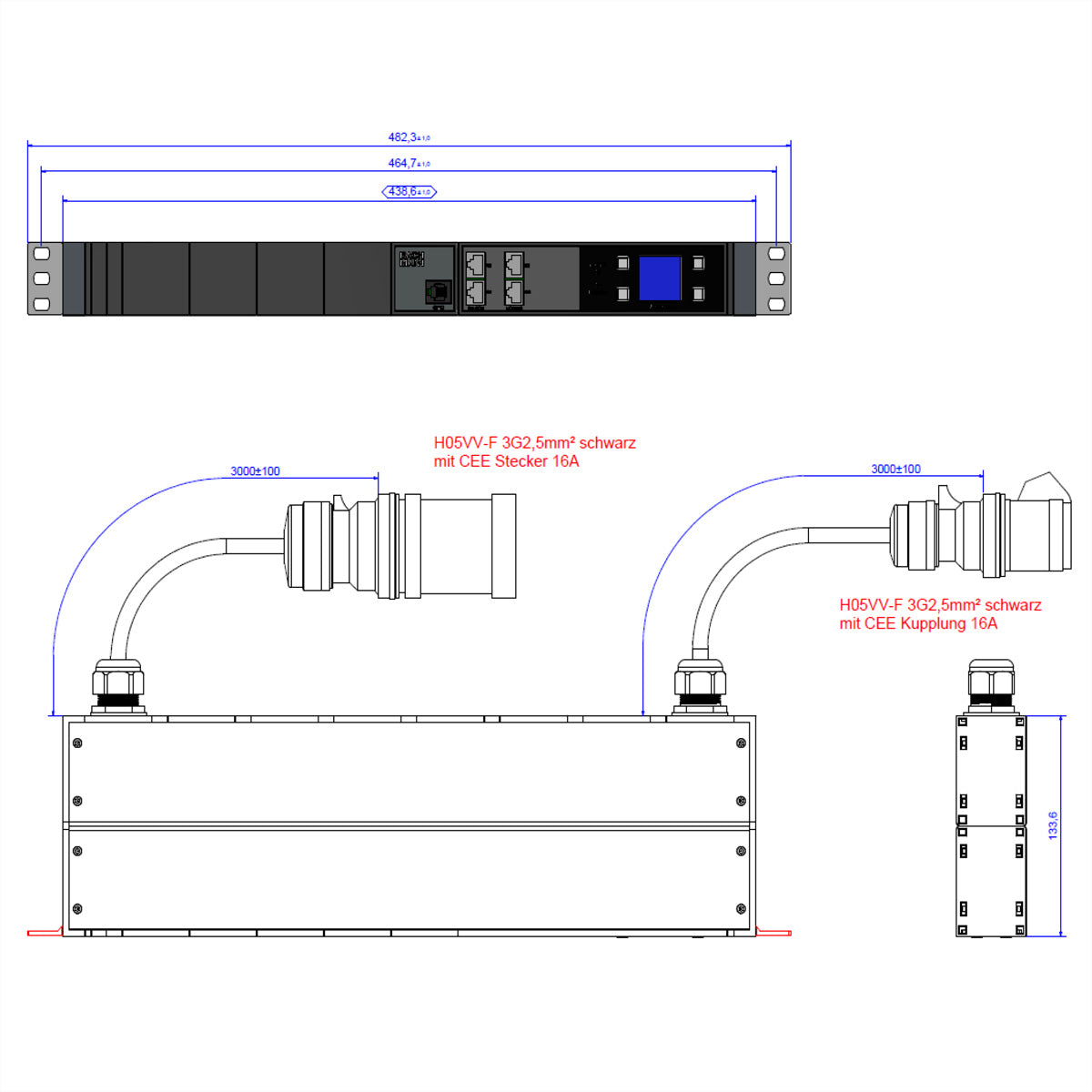 Bachmann BN3000-XXL – IT-Steckdosenleiste, Stecker CEE 16A, 2× 3,0 m, Messung pro Phase, Differenzmessung