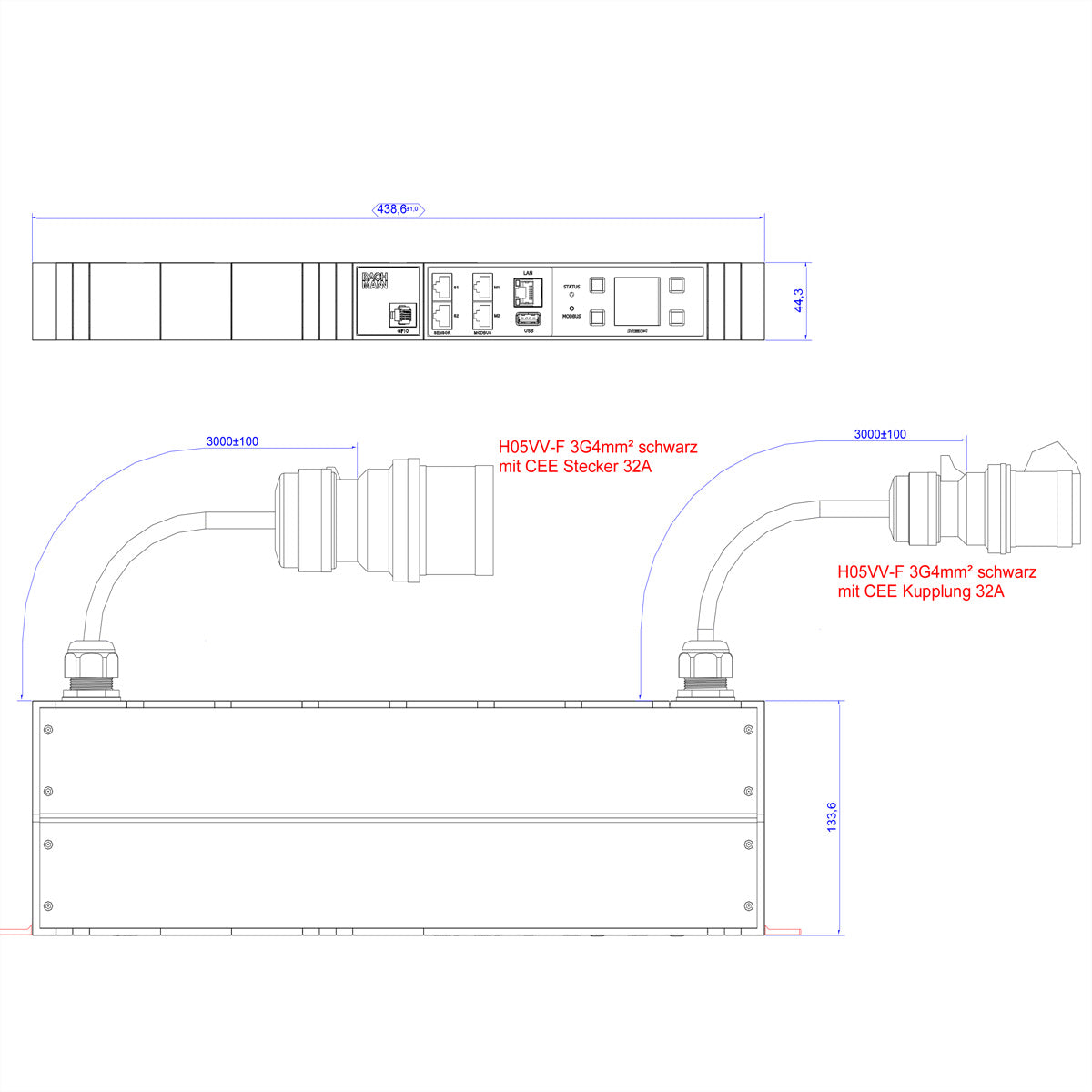 Bachmann BN3000-XXL Steckdosenleiste – CEE 32A–CEE 32A, 3 m, mit Messfunktion, Webserver