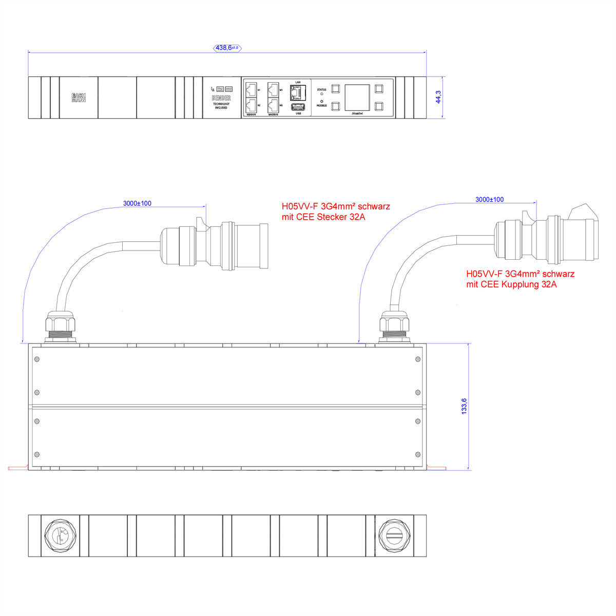 Bachmann BN3000-XXL RCM IT-Steckdosenleiste – CEE 32 A Ein-/Ausgang, 3 m – Messung pro Phase – Schwarz