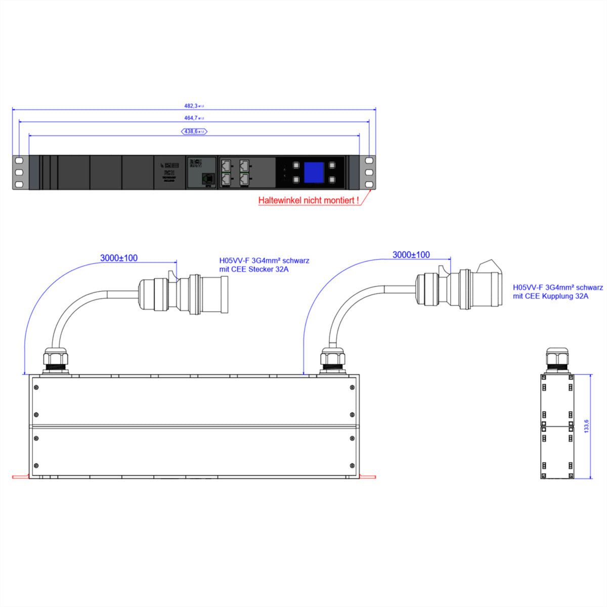 Bachmann BN3000-XXL Steckdosenleiste – CEE 32A–CEE 32A, 3 m, 3×4,0 mm², 1-phasig, mehrfarbig