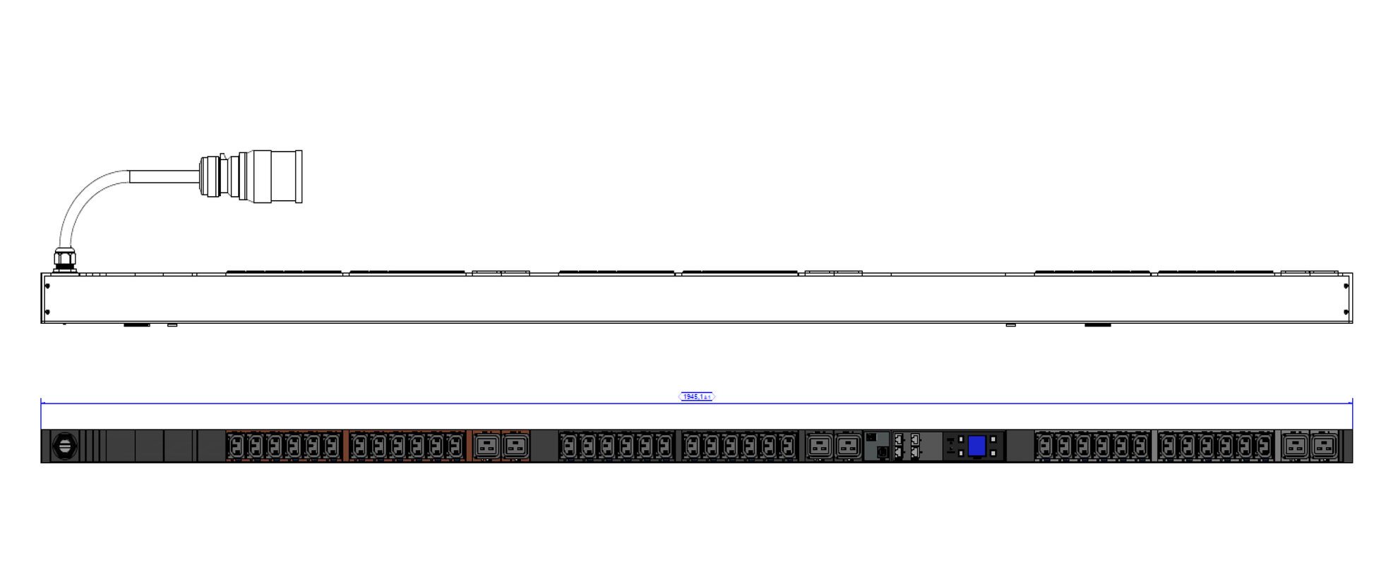 Bachmann BN7000 – Rack-PDU gemessen, geschaltet, 3-phasig, 36× IEC C13 + 6× IEC C19, 16 A, Stecker IEC 60309, 3 m