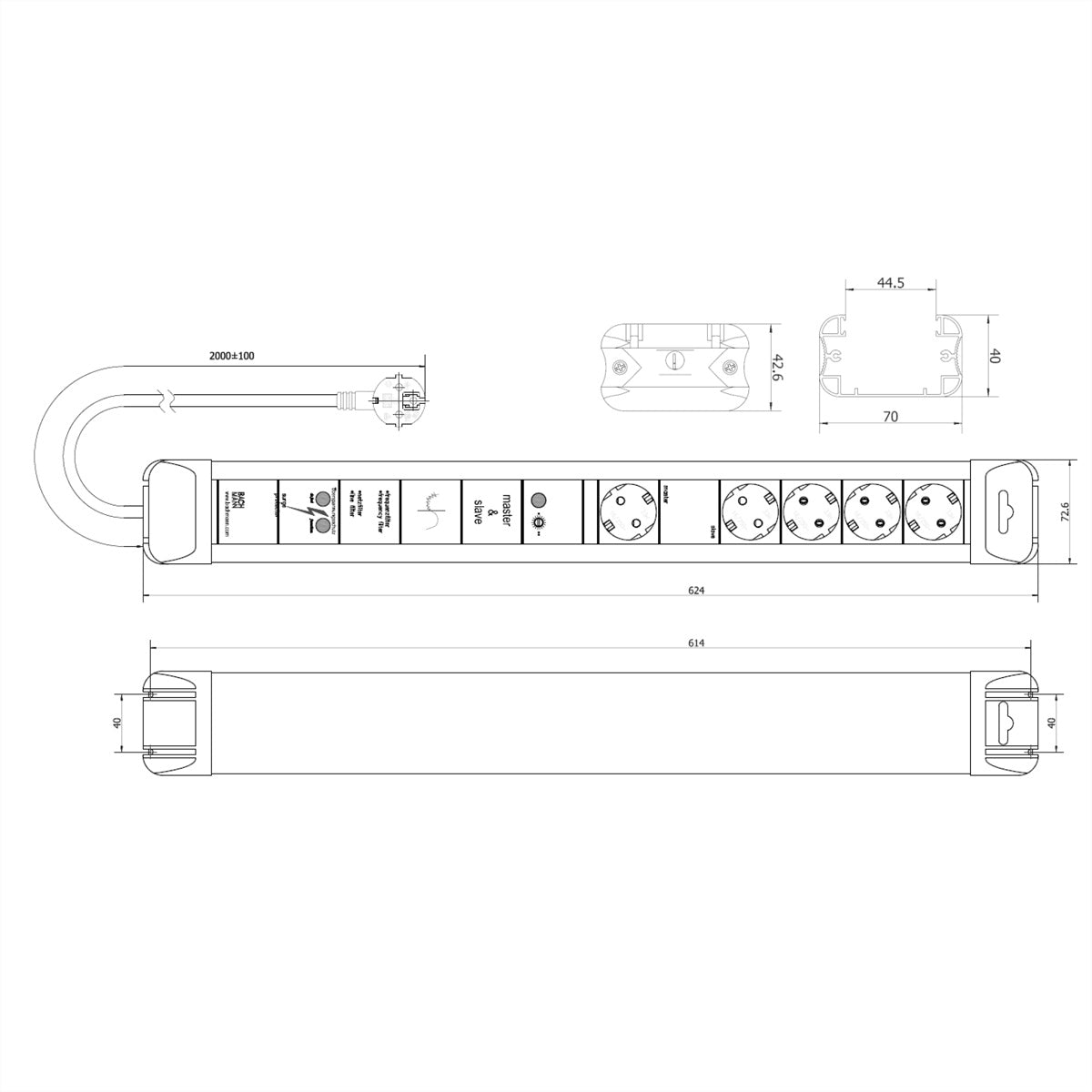 Bachmann CONNECTUS Steckdosenleiste, 5×CEE7/3, 2 m, Eingang CEE7/7 – schwarz